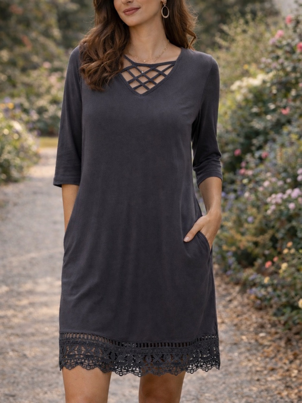 Simply Southern Charcoal Crisscross Neck Shift Dress